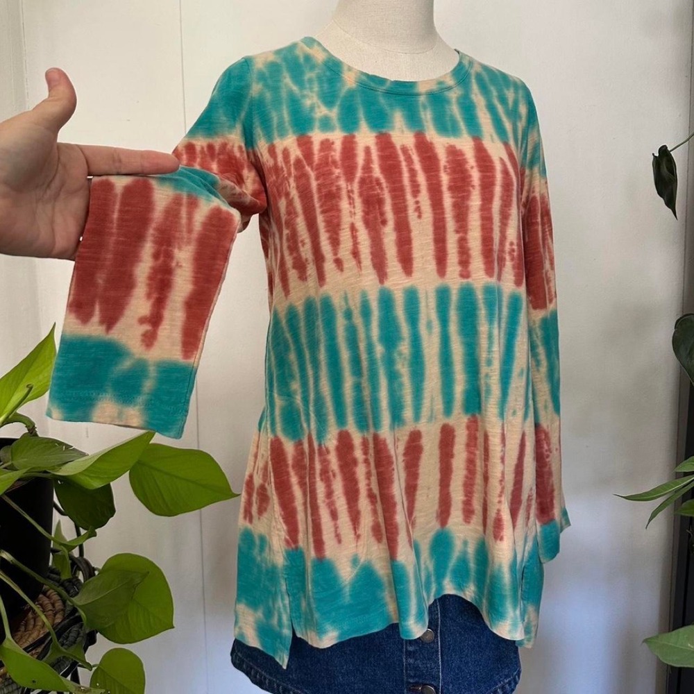 LOGO Lori Goldstein Teal Coral Red Tie Dye Long Sleeve Pocket Tunic Top Small